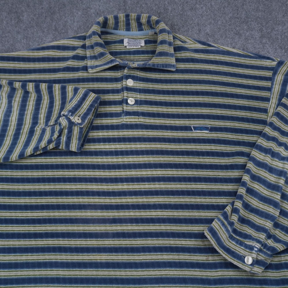 Vintage Corduroy Rusty Polo Shirt Mens XL Blue Green Striped Long Sleeve Velour
